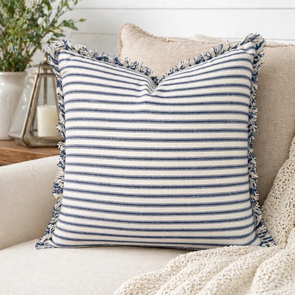 Blue Off-White Ticking Stripe 20x20 Pillow & Cover Fringe Farmhouse Coastal Zip